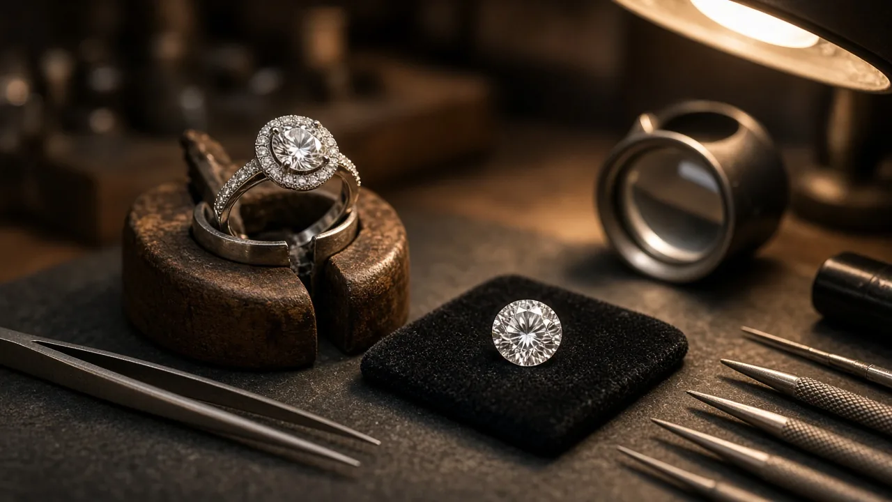 A halo engagement ring in a ring clamp beside a loose diamond on black velvet, with a loupe and jeweler's tools